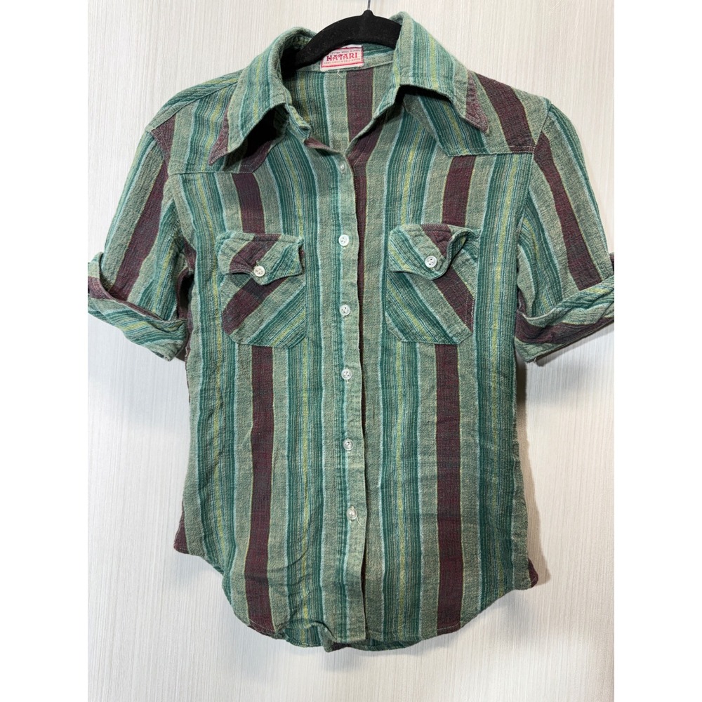 Hatari Cotton Short Sleeve Button Down Striped Shirt Green Burgundy Vintage